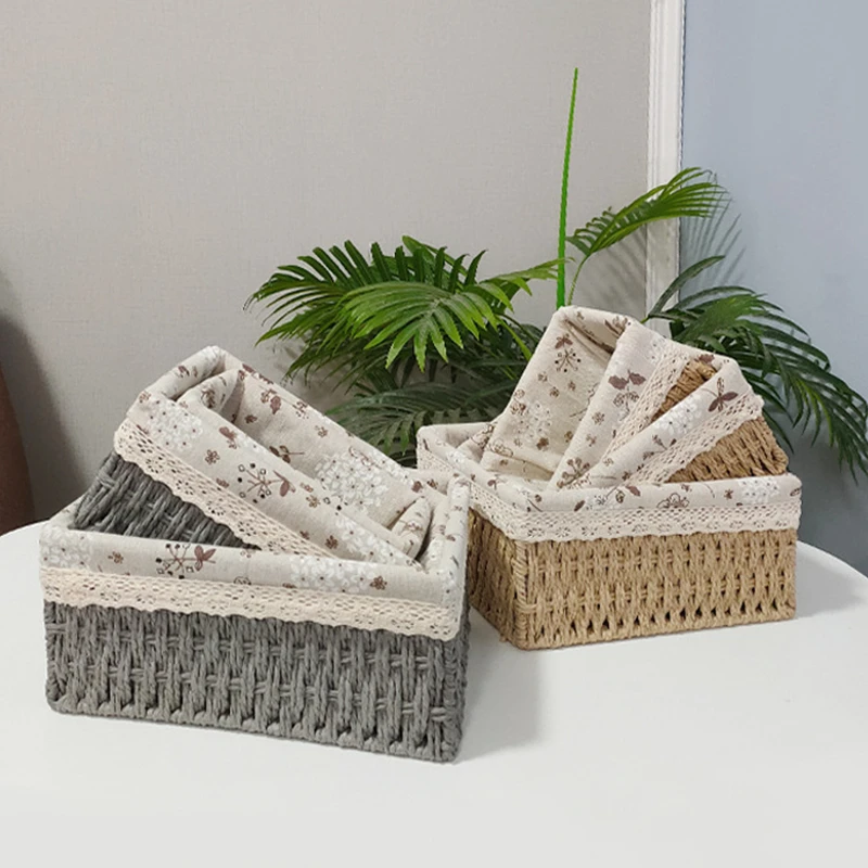 Tabletop Handmade Paper Rope Storage Basket Woven Makeup Basket Kids Toy Storage Organizer Basket