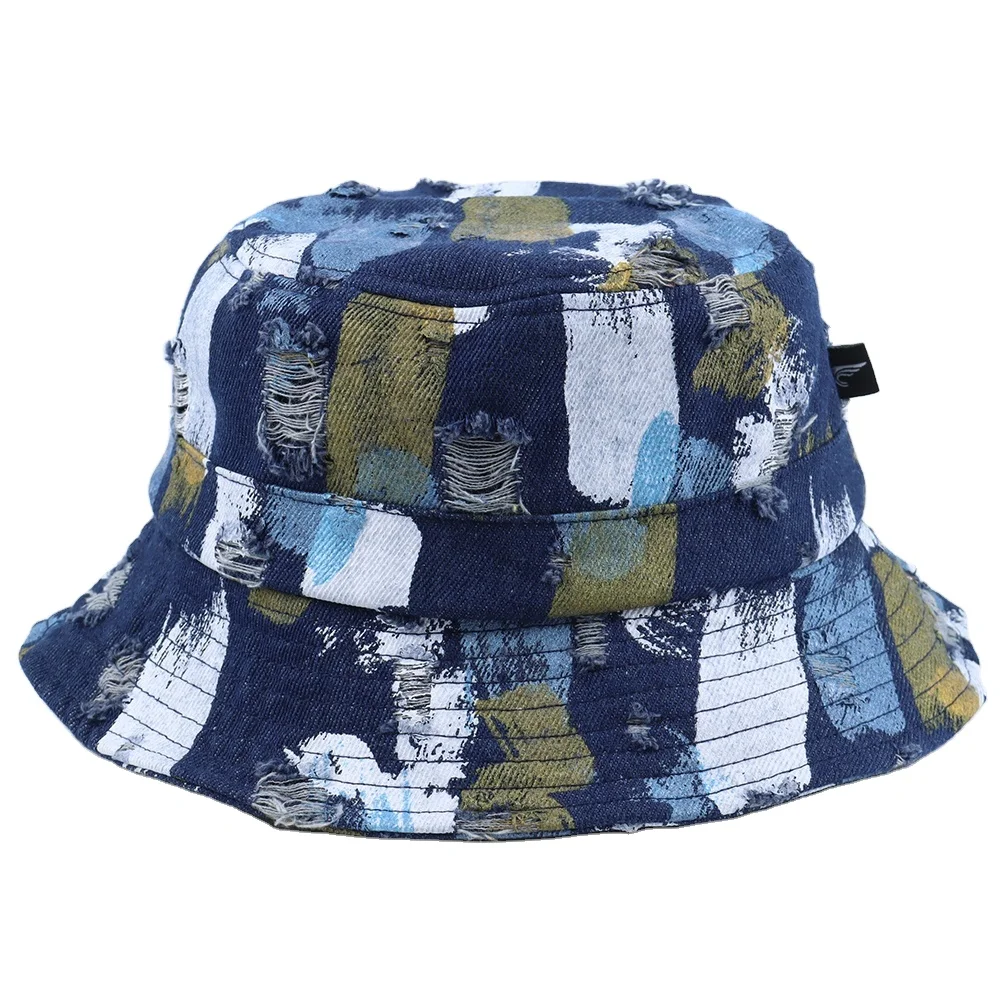 Trendy Stylish Summer Women Men Retro Fishing Bucket Cap Custom Logo Printing Fashion Frayed Denim Sun Bucket Hat
