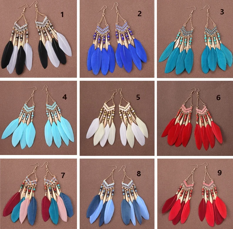 Ethnic Jewelry Colorful Enamel Seed Bead Dangle Earrings Long Tassel Feather Earrings for Women