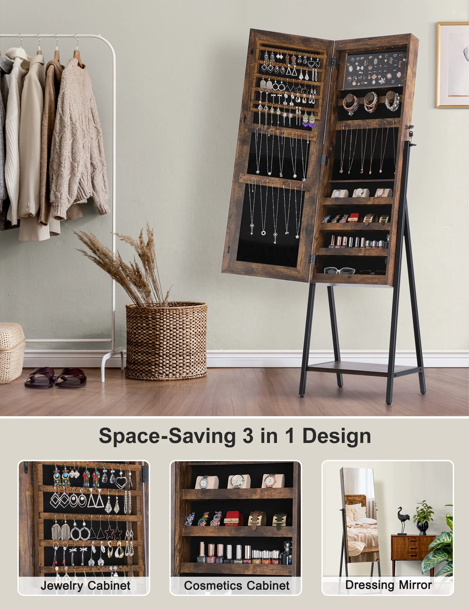 New Arrival Standing Jewelry Mirror Cabinet Full Length Superior Storage Capacity Stand up