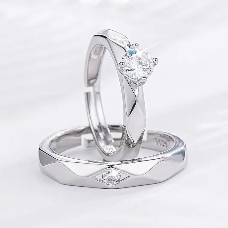 2Pcs/set Cz Cubic Zirconia Couple Promise Enagaement Rings Adjustable Silver Wedding Rings Couple Set for Lovers
