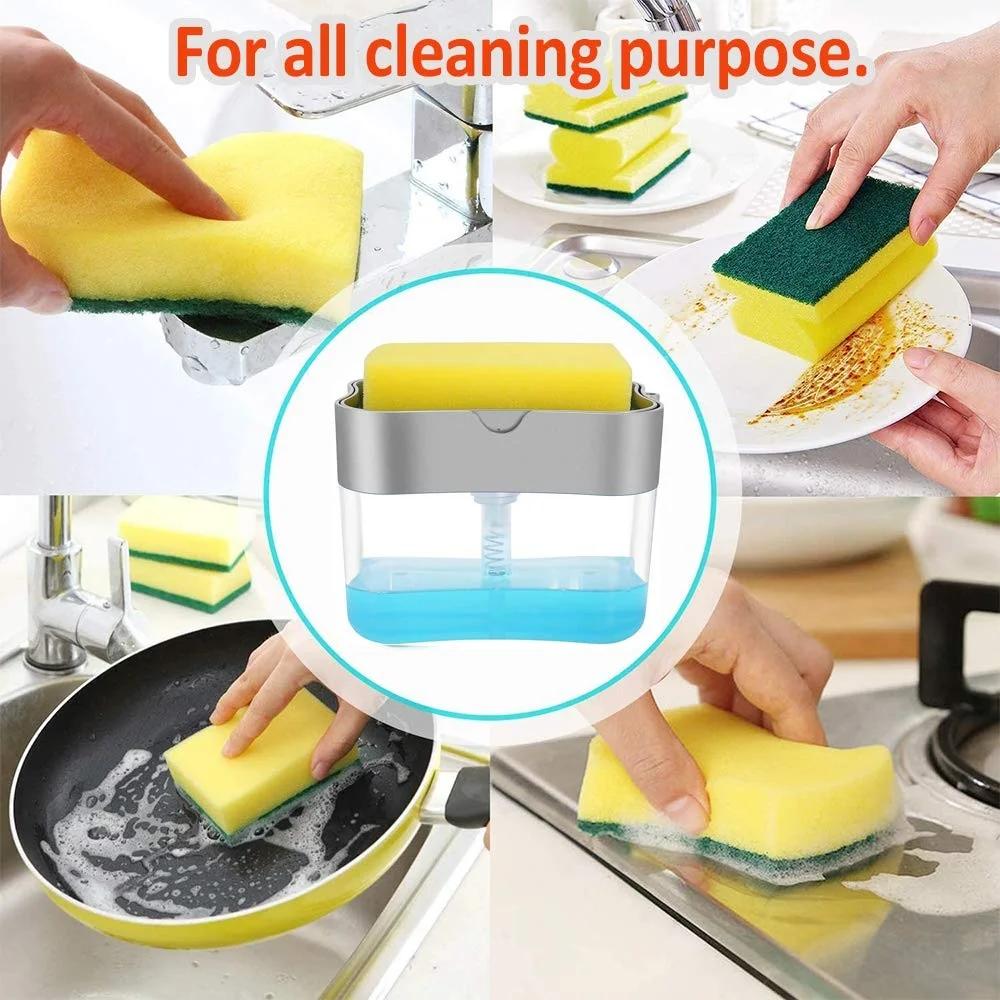 Amazon hot sale Sponge brush holder Dishwashing liquid box Push type soap dishwashing soap liquid dispenser with one sponge pad