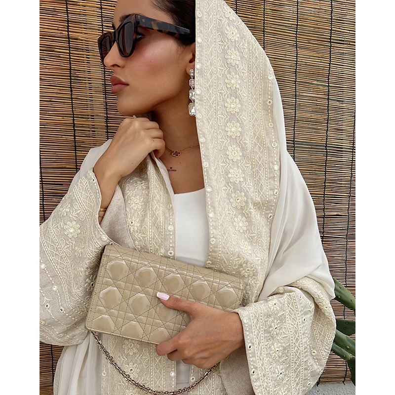 Custom linen open trending abayas 2 pieces embroidered hijab attached abaya islamic linen clothing for women