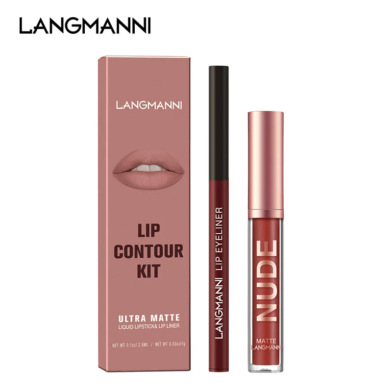 Langmanni Lip gloss lip liner combination 2 Suit no stain on Cup matte lip gloss suit suit cross-border makeup