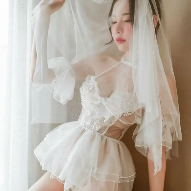 Hot Sexy  Lace Babydoll Dress Transparent white wedding dress bridal outfit Women Lingerie