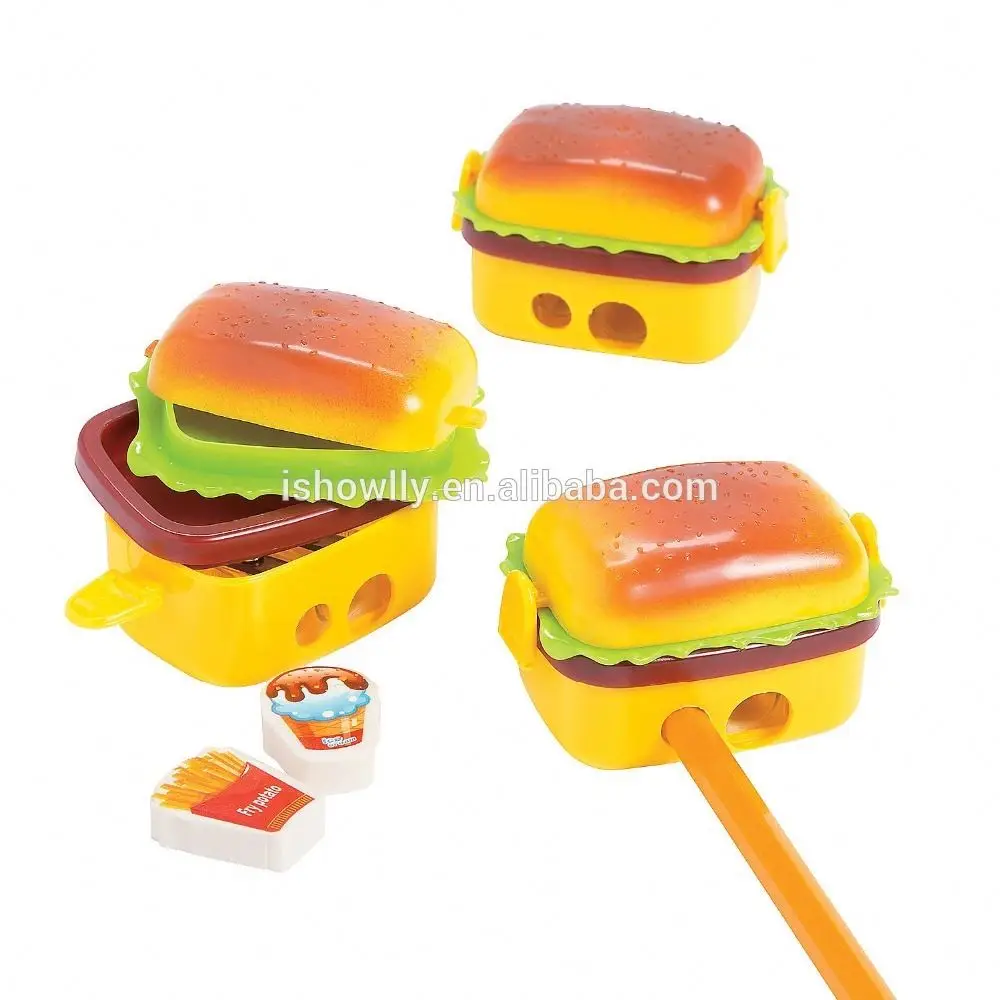 
Hot Sale Two Hole Creative Cute Fashion Hamburger Shaped Plastic Pencil Sharpener With 2 Erasers Novelty Children Study Tools 