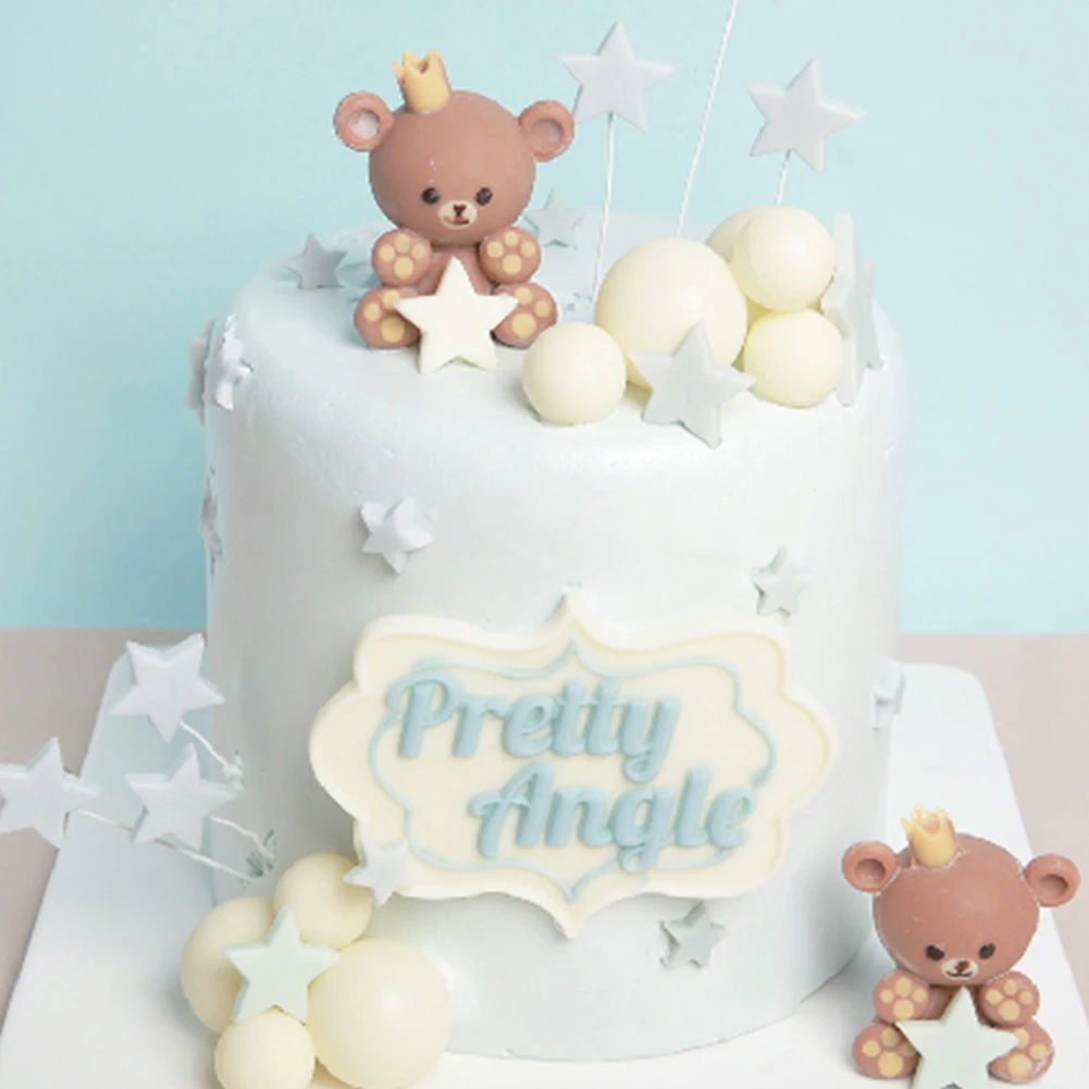 Blue Star White Ball Sitting Brown Crown Bear Chocolate Sprinkles Cake Decoration