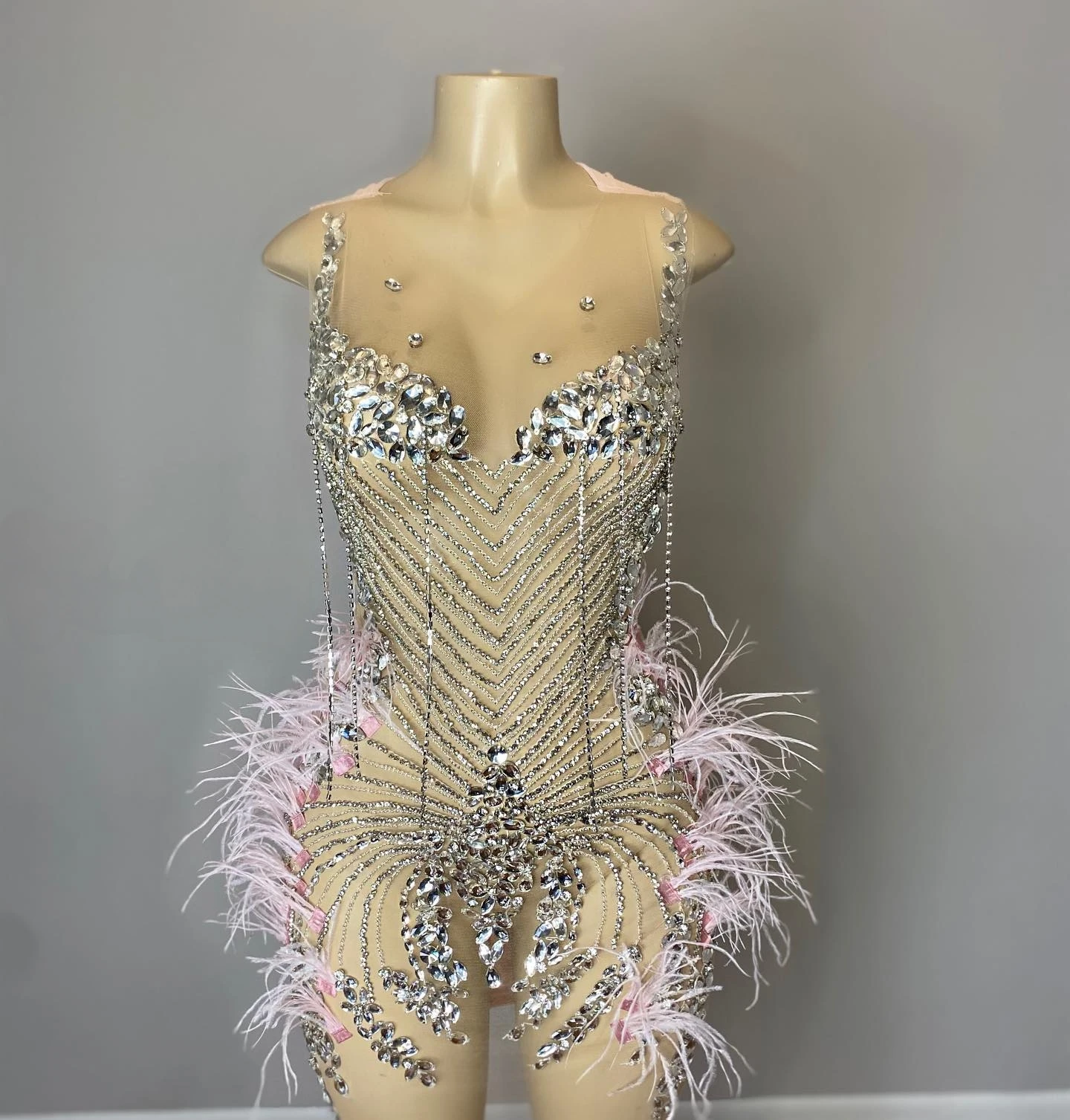 Ocstrade Luxury Silver Rhinestone Chain Beaded Corset Dresses Women Elegant Feather Crystal Birthday Mini Dresses Club Party