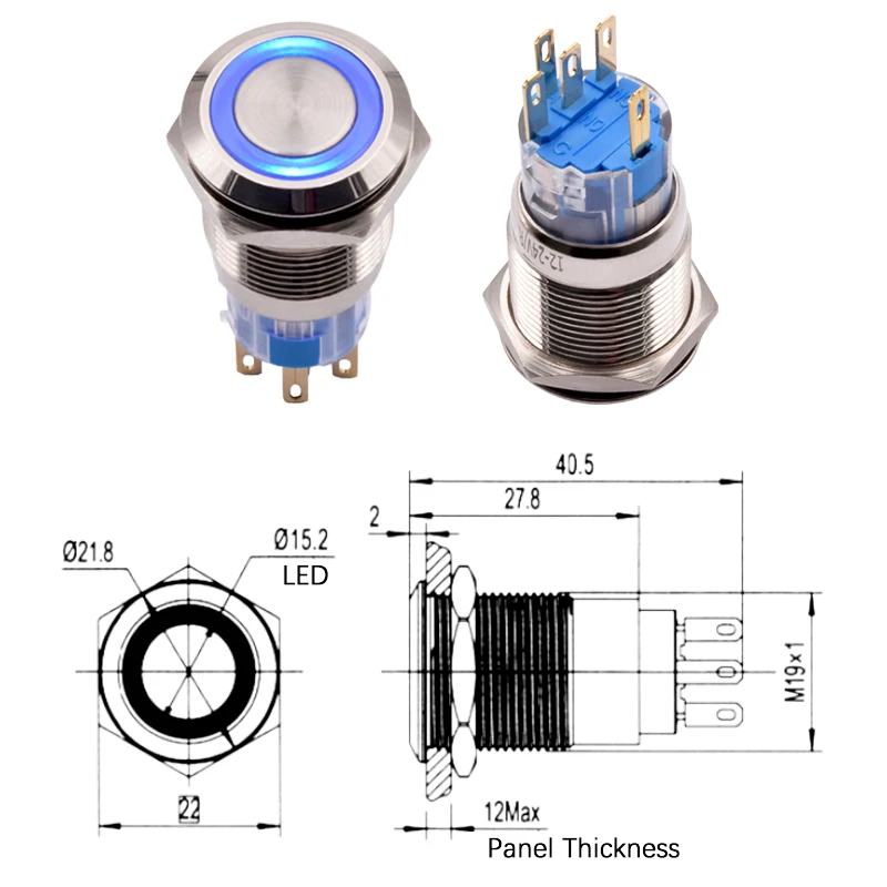 19mm LED Light Momentary Switch Latching Illuminated Metal Push Button Switch Stainless Steel White Red Green Blue Spdt 1NO 1NC
