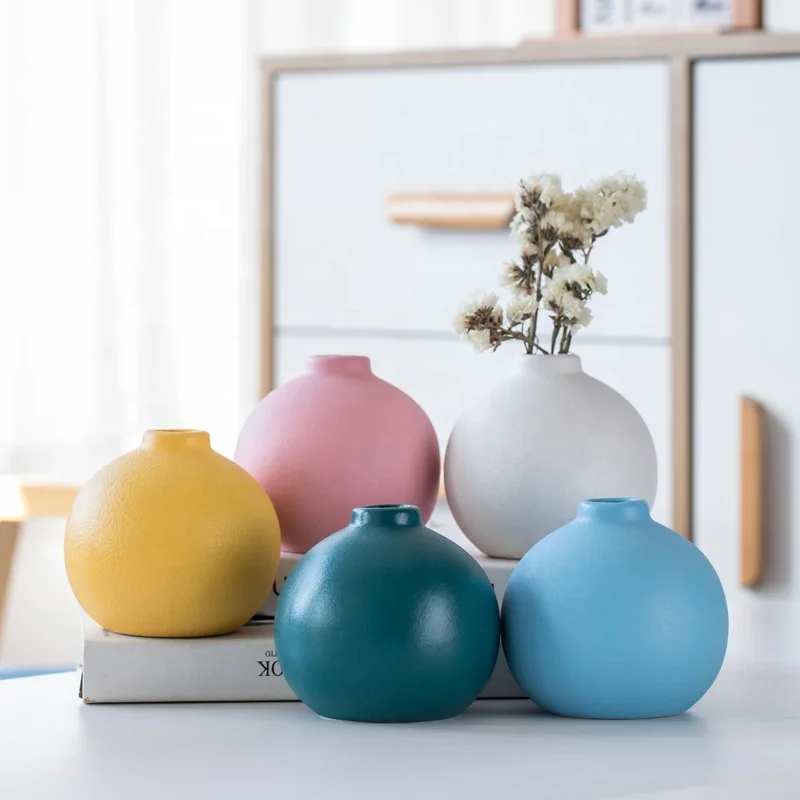 Wholesale Modern Minimalistic Home Table Decor Colourful Matte White Blue Pink Yellow Cute Ceramic Round Small Bud Vase Set