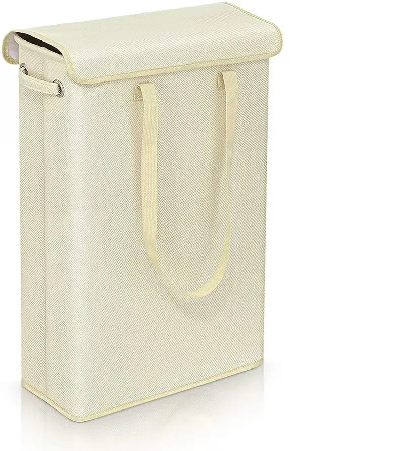 Cotton linen laundry basket with cover narrow strip laundry basket foldable slim height portable bedroom office storage basket