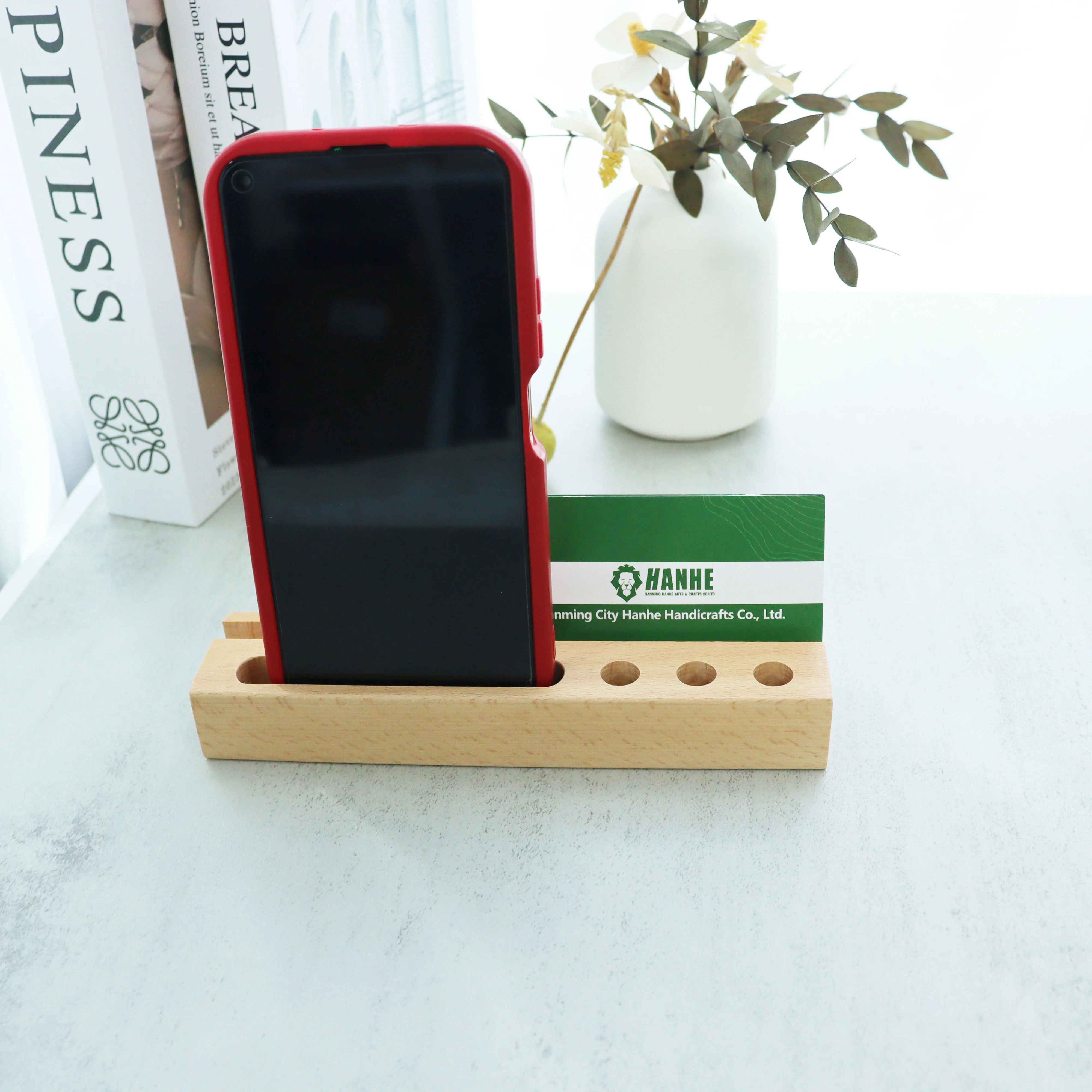 Office desk accessories Multipurpose Wood business name card Pen Stand Pencil Holder Cell Phone Holder Stand Organizer