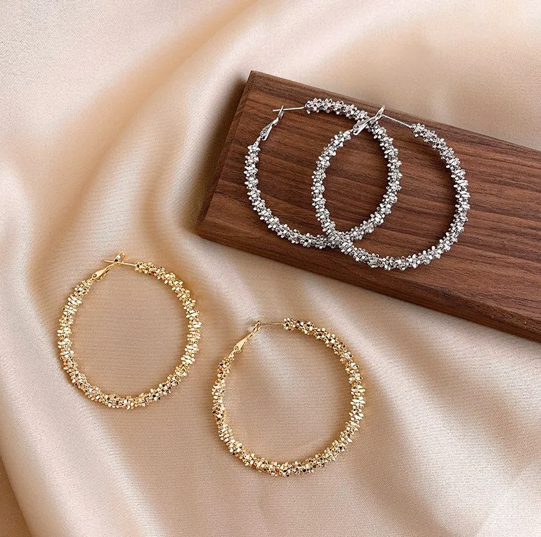 Women Big Exaggerated Metal Round Ring Earrings S925 Silver Needle Retro Style Irregular Large Circle Women Girls Earrings