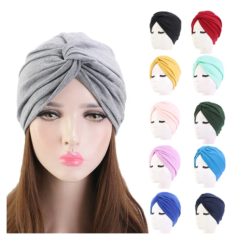Bohemian Solid African Bonnet Cotton Cross Twist Knotted Cap Turban Hair Bonnet Hijab Muslim Hat Women
