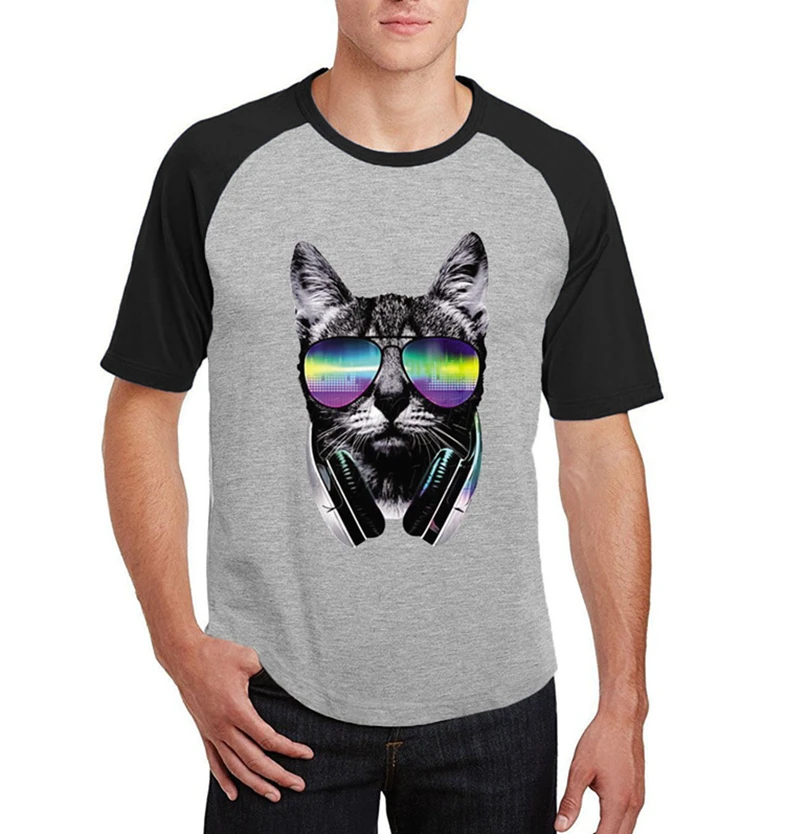 Mans Cool Cat Design Black And Gray Color Matching T Shirt Wholesale Bulk Slim Fit Printing T Shirt