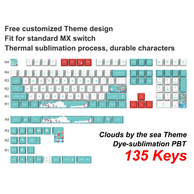 wholesale clouds by the sea theme Cute 40% Sublimation Gamers Gk61 84 German Layout  Pbt Dye Sub DIY Profile Keycap For Keyboard