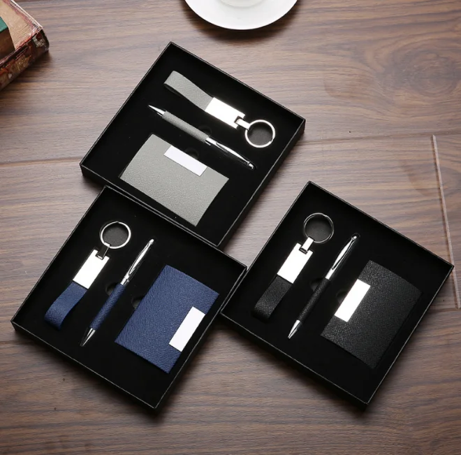 Business Gift Set 3-piece Card Holder Gifts Set Custom Logo New Model Pen Keychain 2023 Black Business Men Gift Set