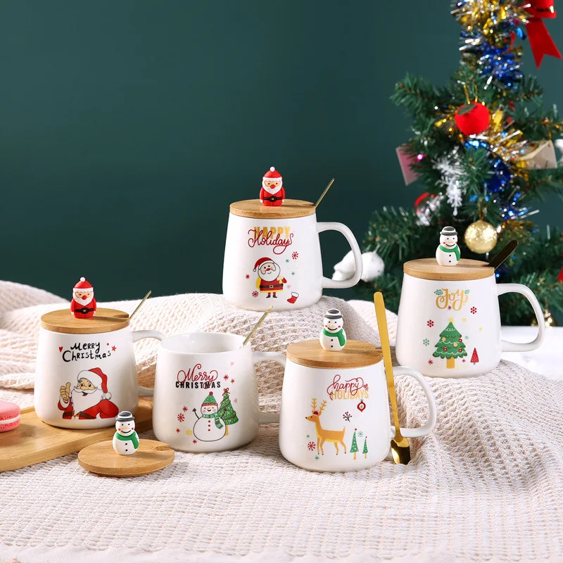 Wholesale 2024 Celebrate Christmas gift custom ceramic promotional mugs cups with wood lid and spoon