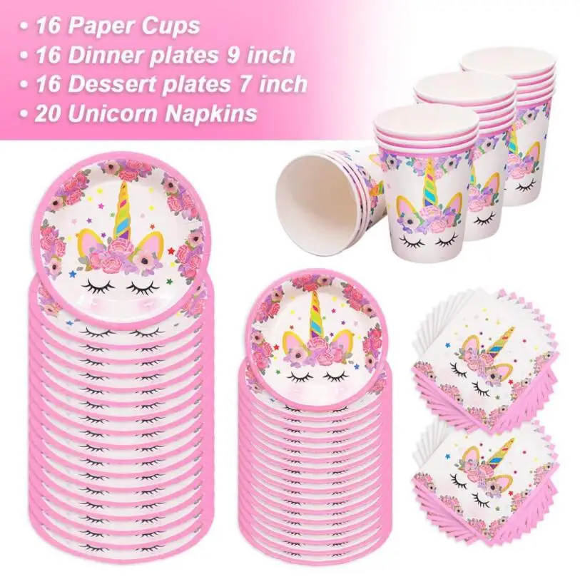 Hot sale hot pink unicorn children birthday party banner pull flag paper cup snack tray unicorn party decorations