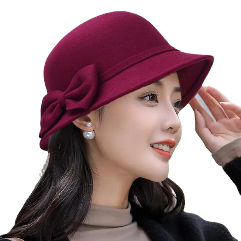 2022 new fashion Winter Bucket Cloche Hat Bowler Hat fashion felt fedora hat women with bowknot