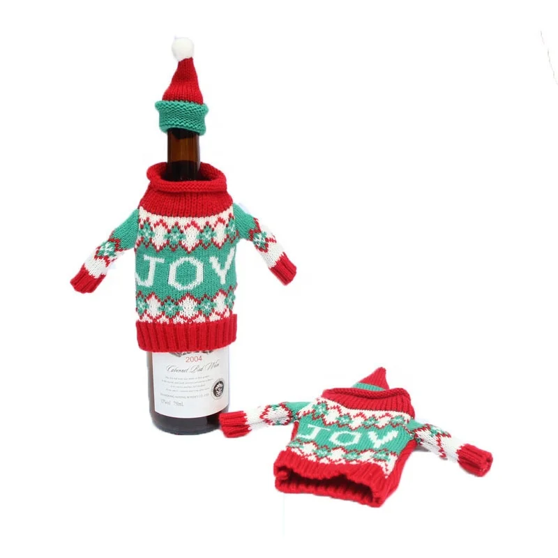 Красные рождественские украшения, вязаный свитер с бутылкой вина, шляпа, шапки