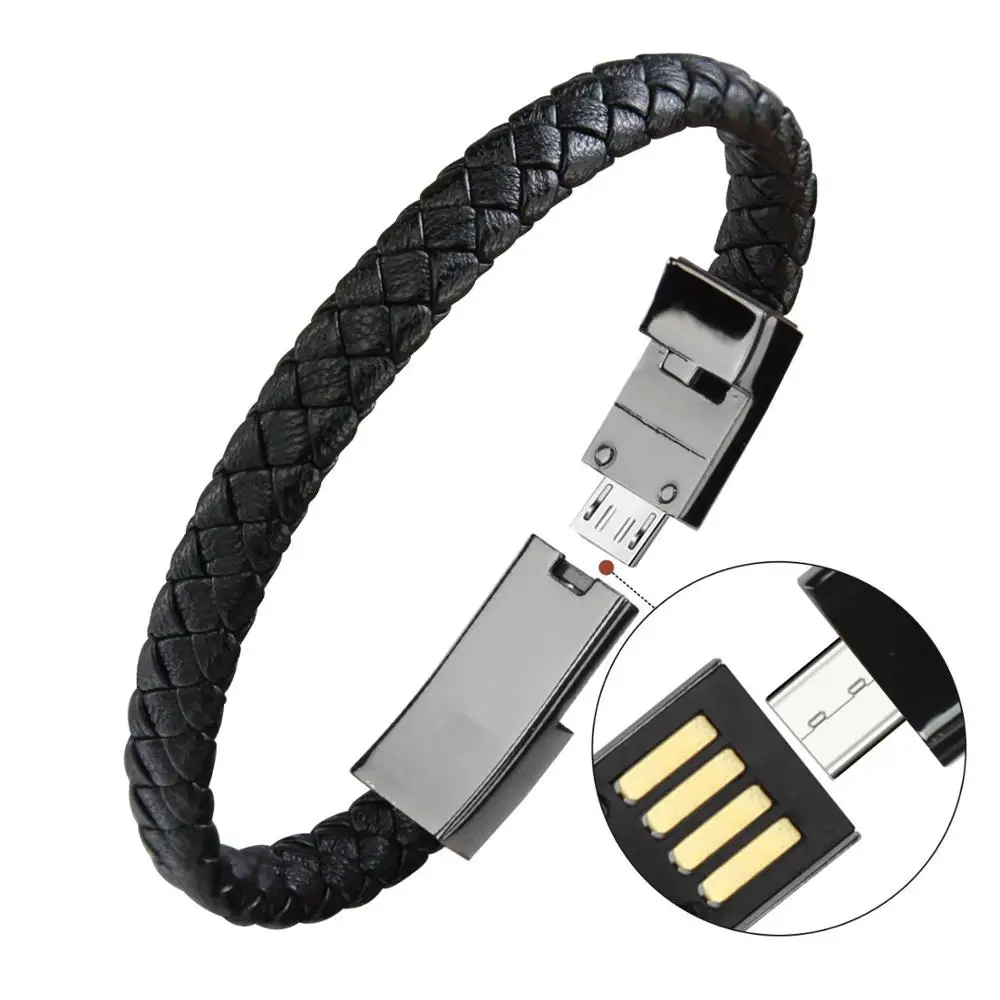 Hot Selling Potable Usb Data Cable Usb Charger Leather Bracelet For Mobile Phone