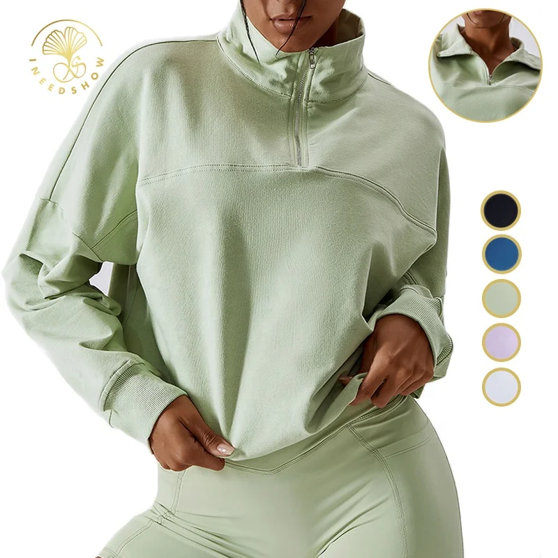 Custom Private Label Womens High Collar Blank Drop Shoulder Quarter Half Zip Oversized Hoodies Sweatshirts Wholesale For Womens