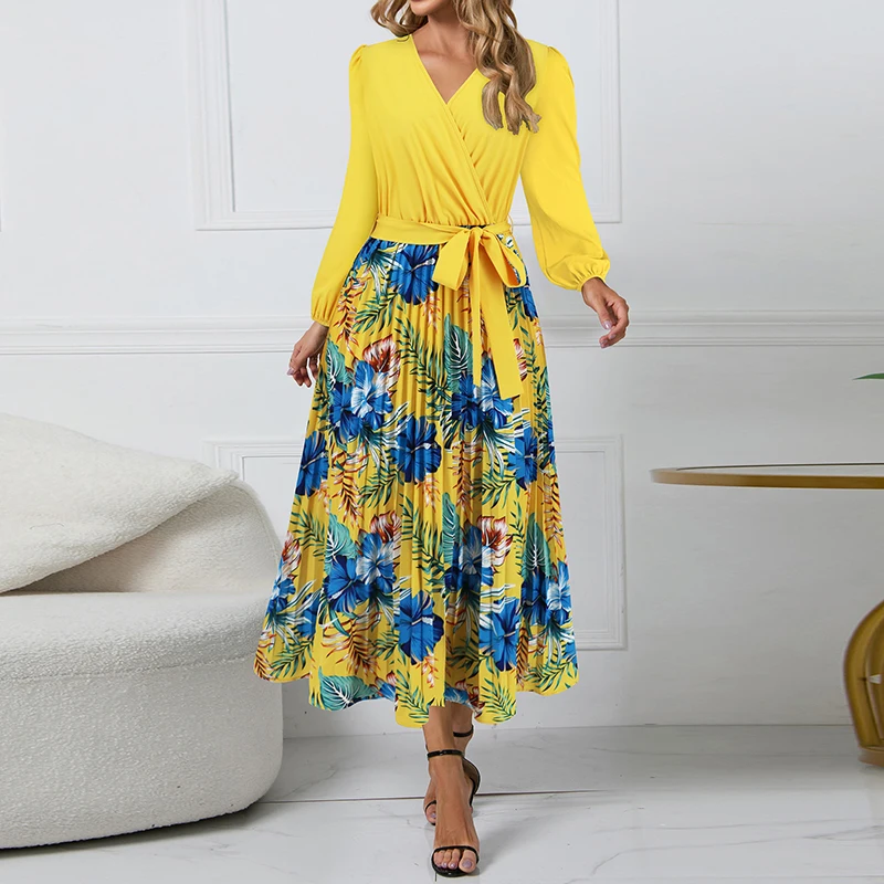 Clothing Manufacturers Custom New Spring Autumn Dresses Women Floral Printed Patchwork Sashes V-neck Pleated Long Sleeve Dress