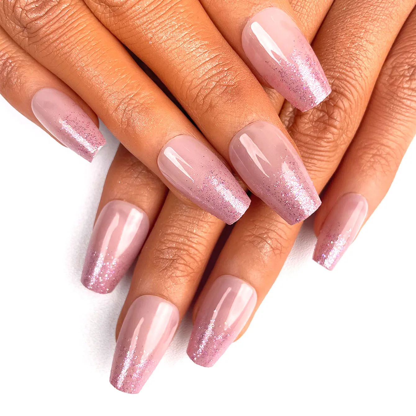 Cheap Price Press On Designer Nails Bulk Medium Coffin Artificial Acrylic Fingernail Tips Nude Pink Glitter Ombre Reusable Nails