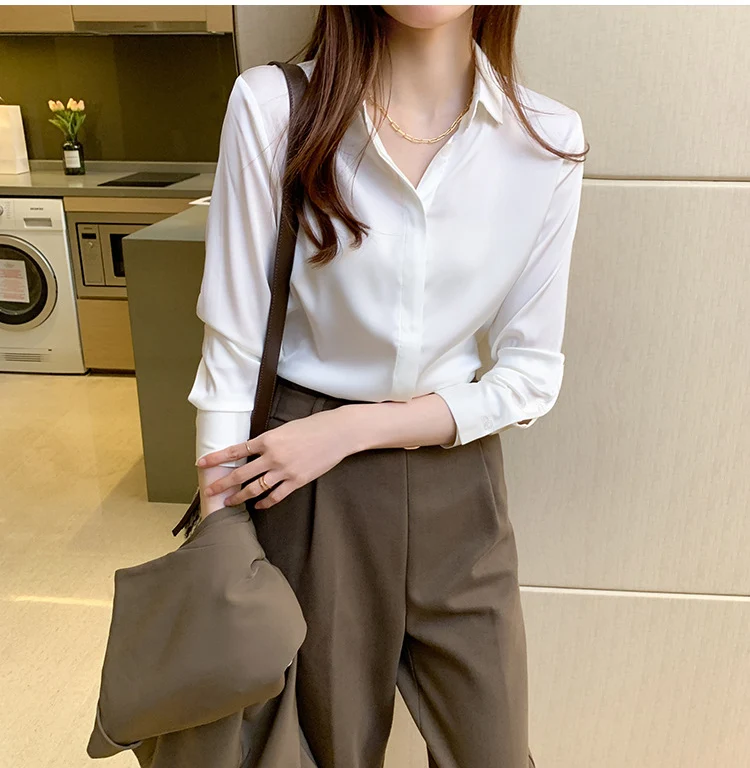 Autumn Spring Fashion Button Up Satin Shirt Vintage Blouse Women White Lady Long Sleeves Female Loose Elegant Shirts