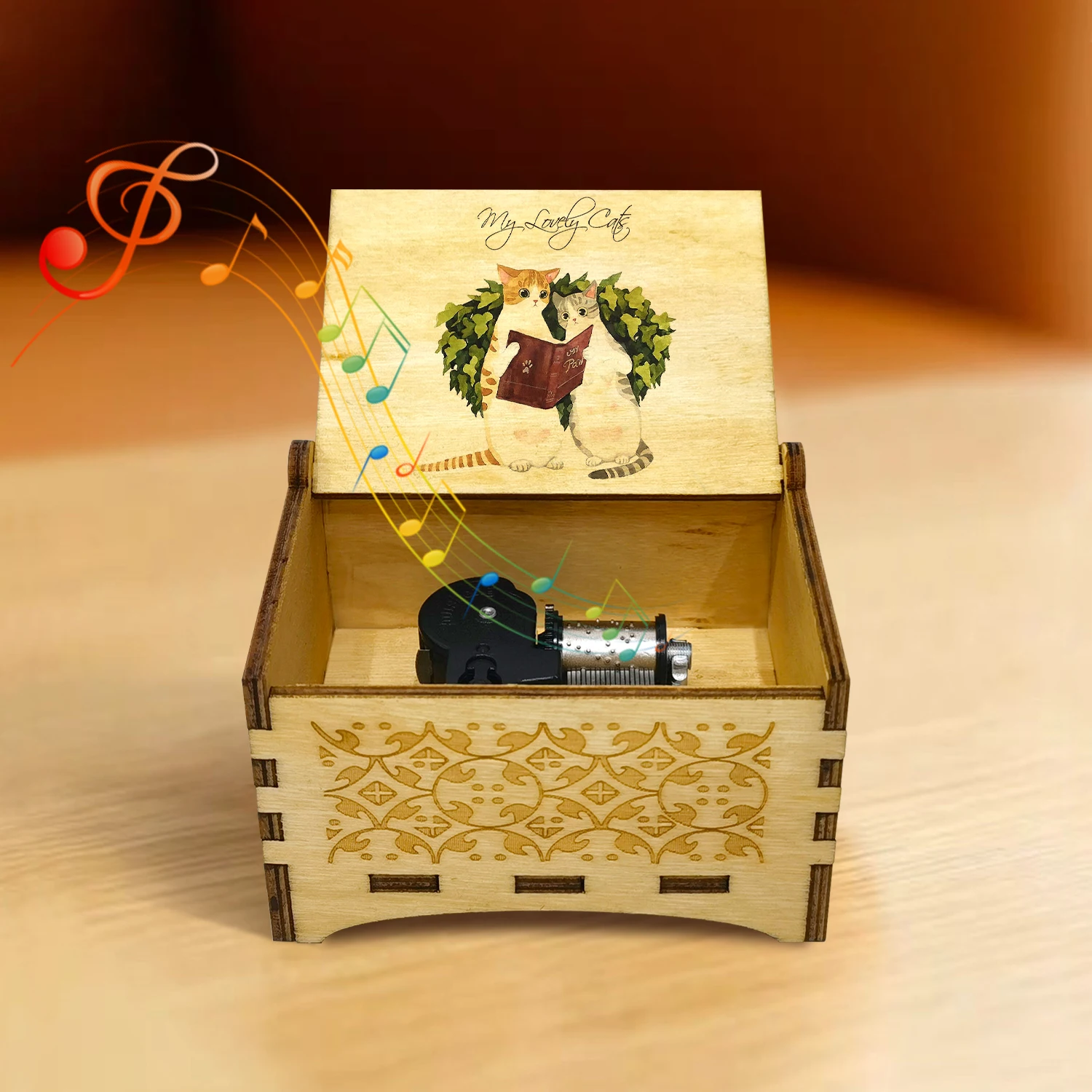 Custom Printing Wooden Clockwork Rotating Music Box Creative Wind Up Mechanism Musical Boxes for Wedding Souvenir Birthday Gift