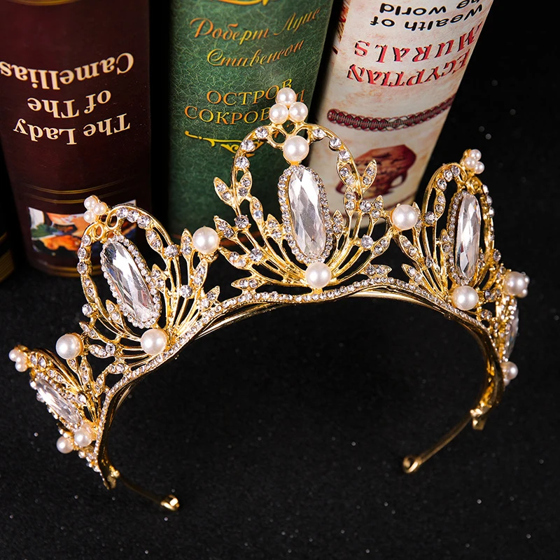 Shinning Golden Alloy Large Rhinestone Tiaras Coronas Decorativas De Metal With Pearls Metal Crown For Wedding Hair Accessories