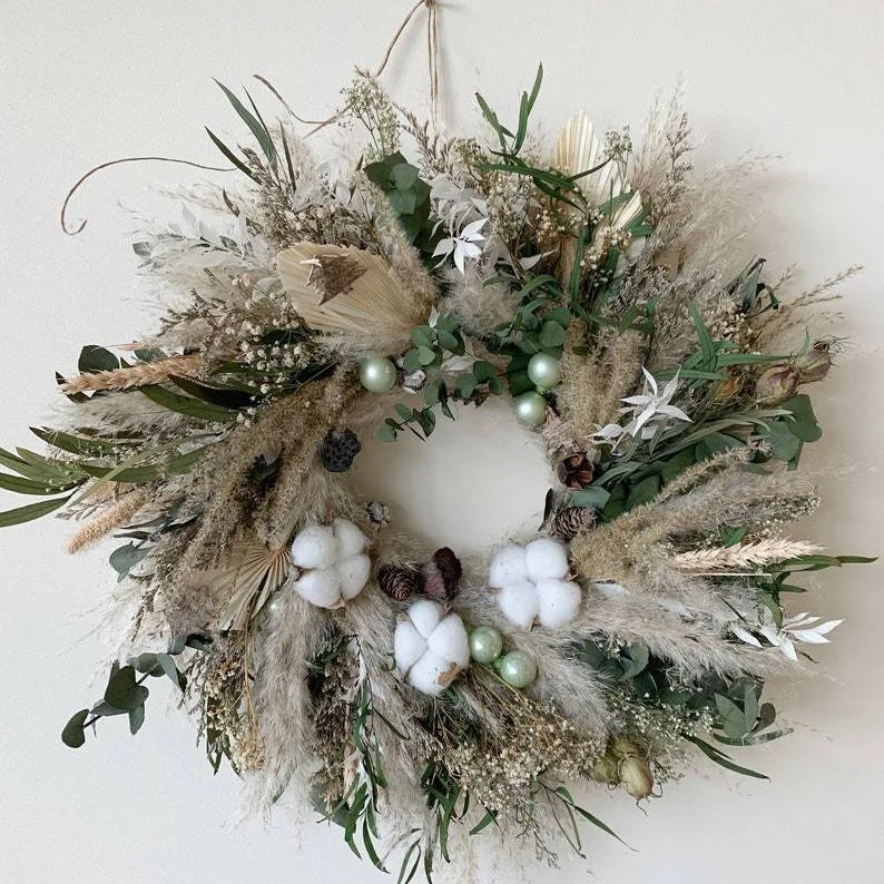 Stocked Artificial Decorative Christmas Flocked White Cypress Pine Needle  Pine Cone &White Berry Wreath For Home Decoration