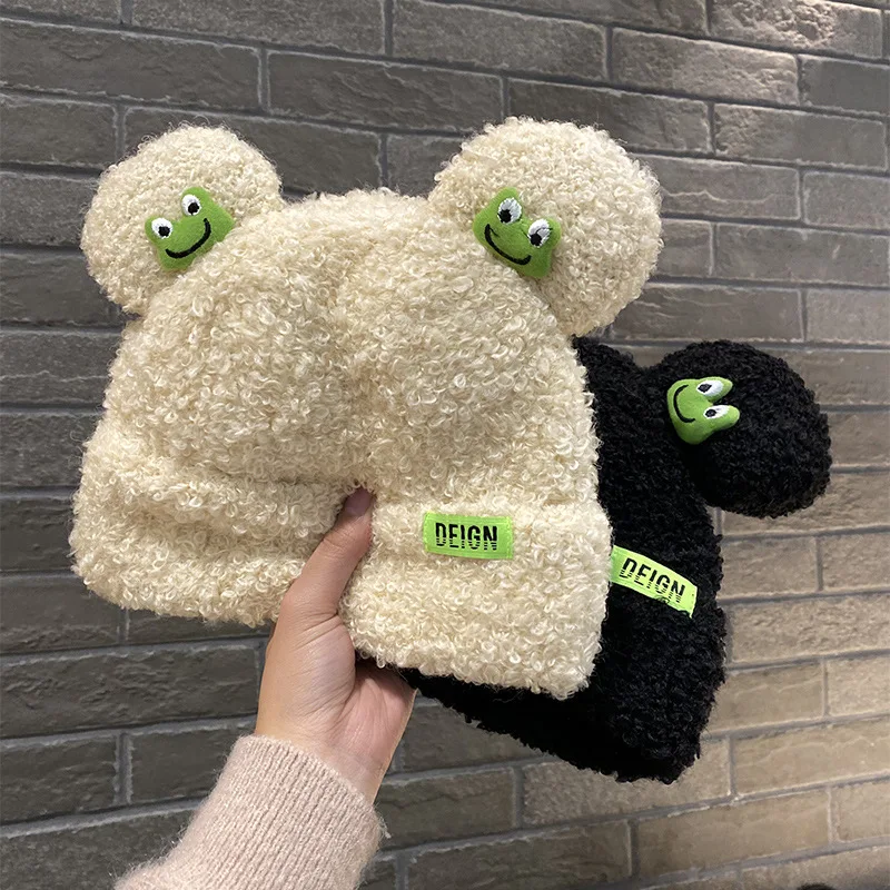 soft cute frog knitted hat keep warm plush fleece thicken beanie fashion good quality hot sale beanie