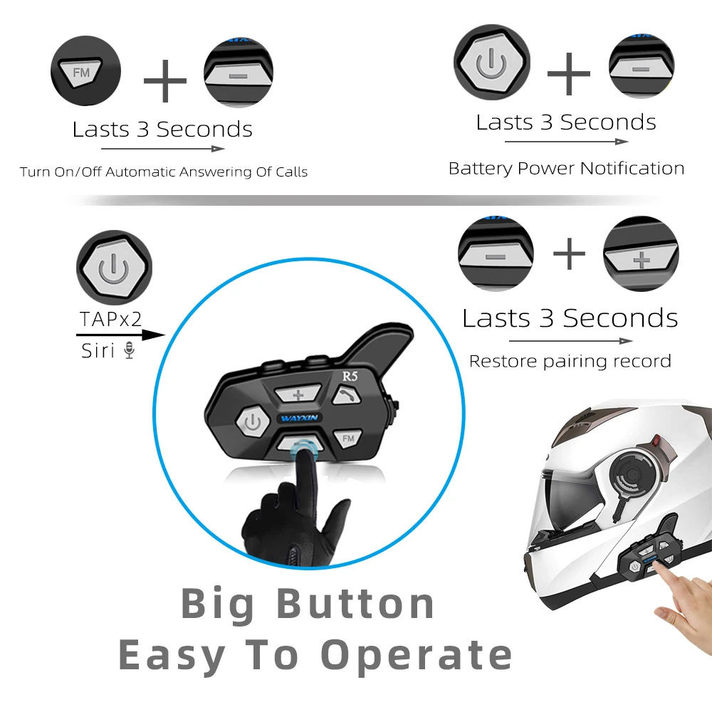  WAYXIN Bluetooth 5.0 Motorcycle Helmet Intercom 2 People 1200M Talking Universal Pairing Waterproof Interphone Headset FM