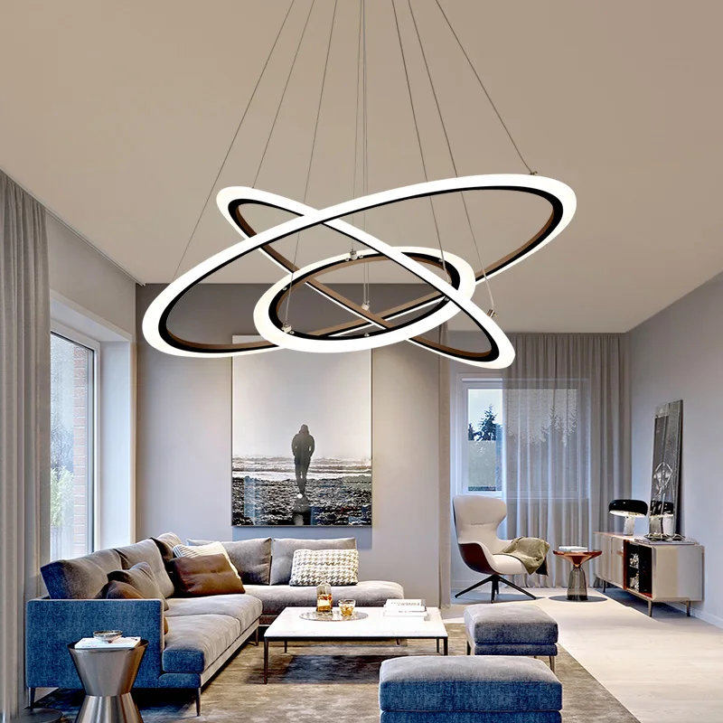 VVS factory price LED iron acrylic dimmable contemporary home office round black ring chandelier