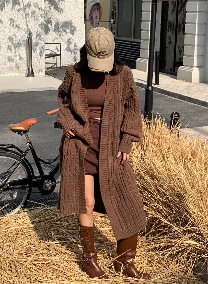 Long sweater cardigan women over knee loose lazy style retro thickened Fried Dough Twists knitting coat in autumn and winter
