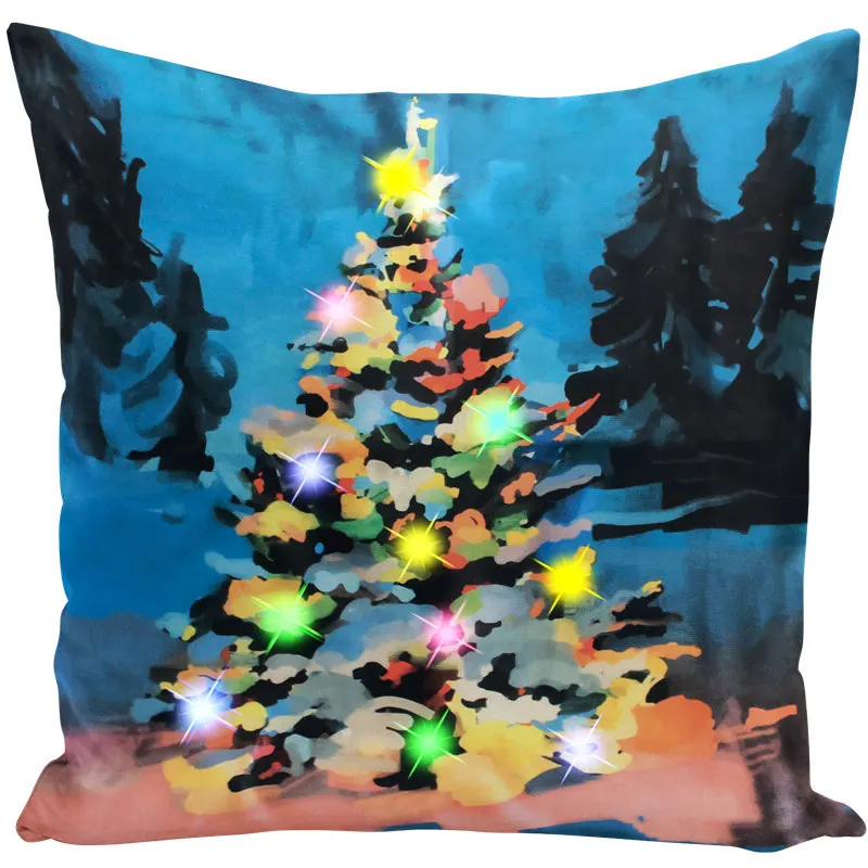 Blue Cushion Cover LED Merry Christmas Throw Pillow Case Super Sofa Light Up Cushion Cover