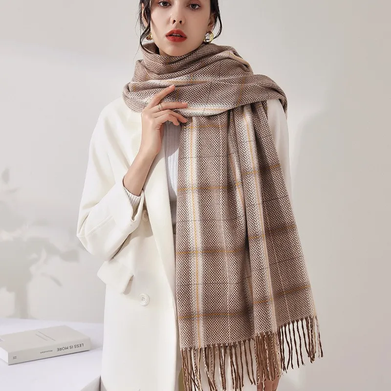 factory wholesale custom thick plaid winter scarf ladies elegant cashmere pashmina  plaid tassel scarf