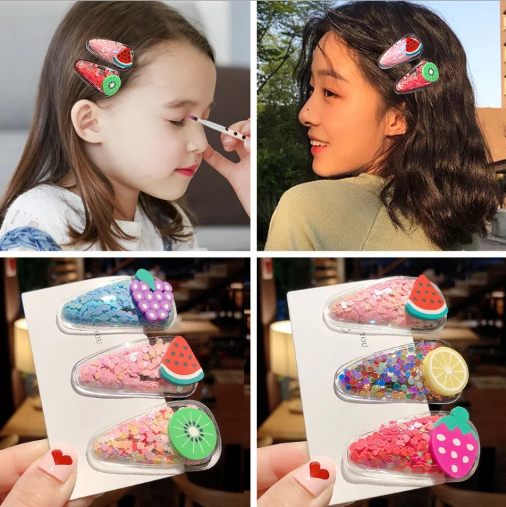 
2021 5Pcs Set Baby Hairpins Cartoon Girls acrylic Hair Clips Colorful PVC Fruit Flowers Transparent Child Hair Clips 