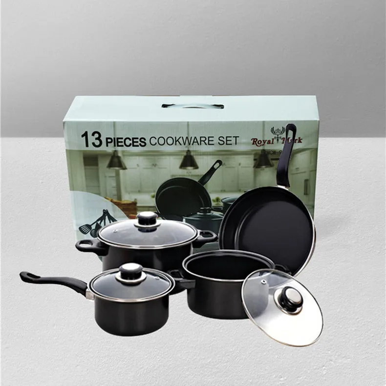 Wholesale price 13pcs cheap kitchen housewares iron non stick  kitchen pots cookware sets