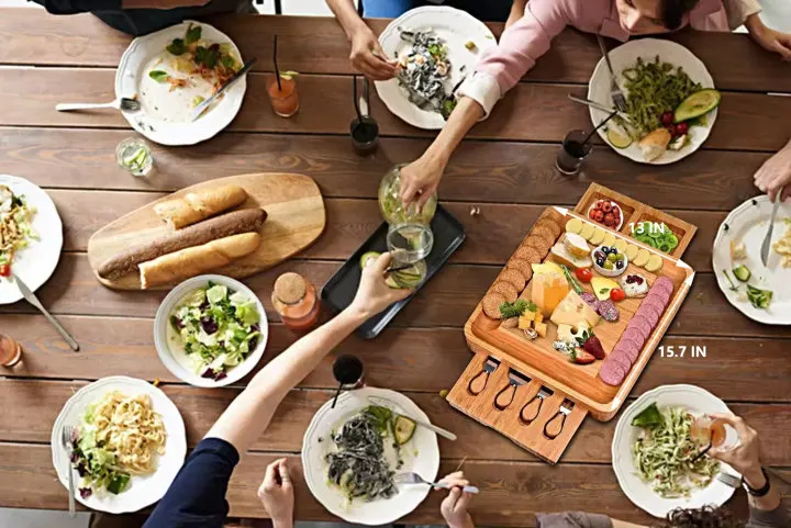 Modern Innovations Smart Natural Bamboo bread Cutting Boards Cheese Tool Set Cheese tray and Plate with slide drawer 4 Knives