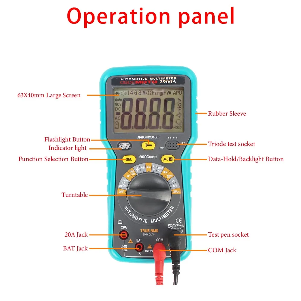 2900A Digital Multimeter 6000 Counts Dwell Angle RPM Meter AC DC Voltage Current Crystal Triode hFE Parameter Automatic Gauge