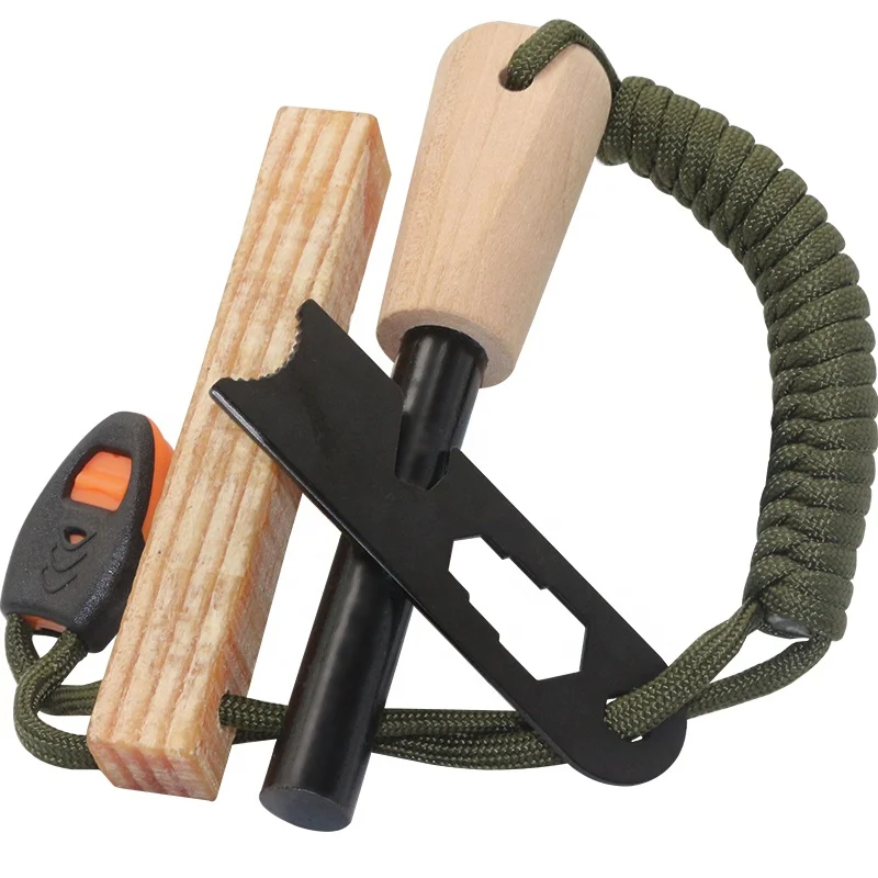 EDC Outdoor Gifts Custom Wood Handle Ferro Rod Fatwood Fire Starter for Camping Fire Kit