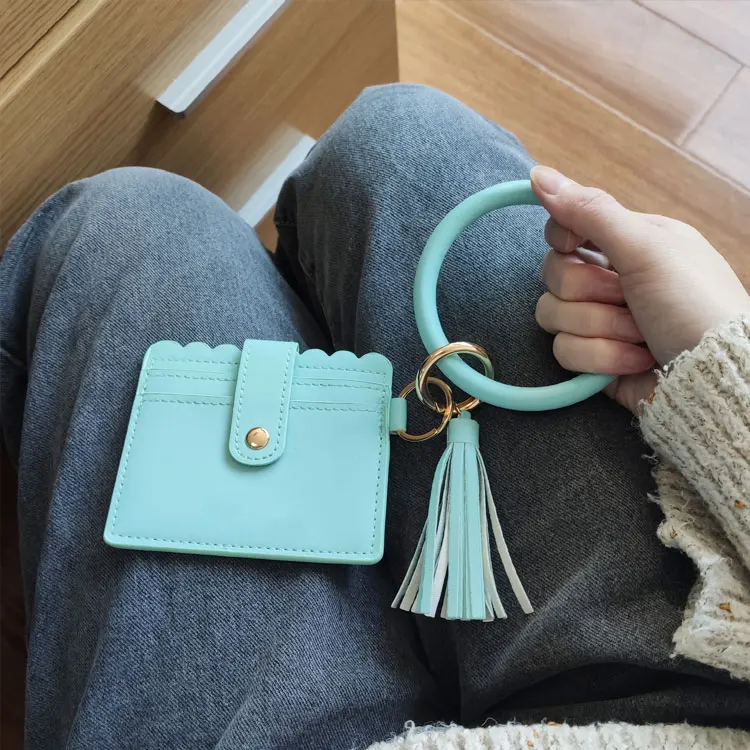 Women Bangle Snake Skin Pu Leather Id Card Holder Bracelet Keychain Wristlet Keychain Wallet With Tassel