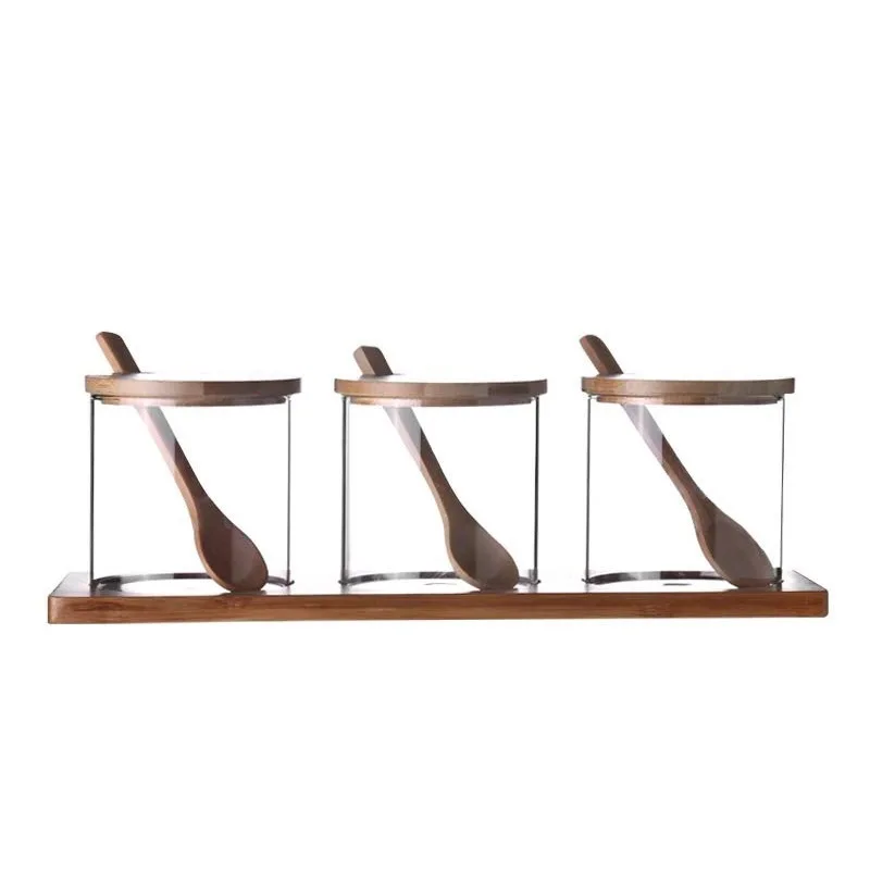 Hot Sale Bamboo Lid Glass Jars Container Clear Spice Jar With Spoon For Food Storage