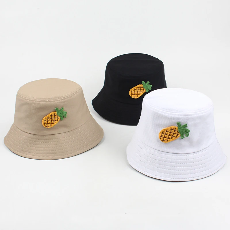 Newest Leisure style round crown bucket hat embroidery pineapple custom logo pastel colors hat bulk quantity ready to ship