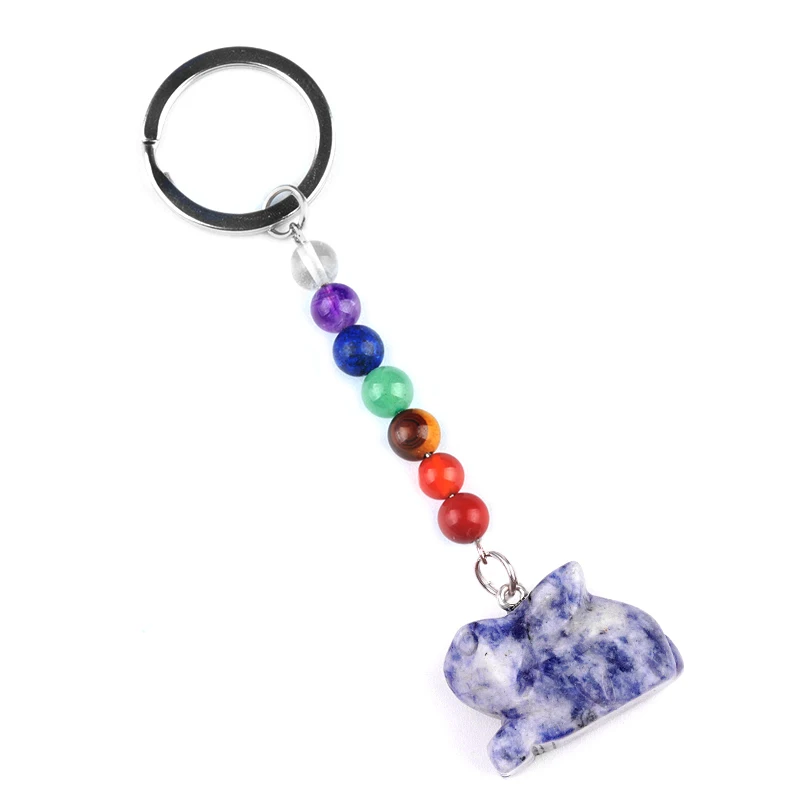 Wholesale Colored Round Bead Crystal Keychain Sodalite Crystal Stone Rabbit Pendant Keychain Accessories