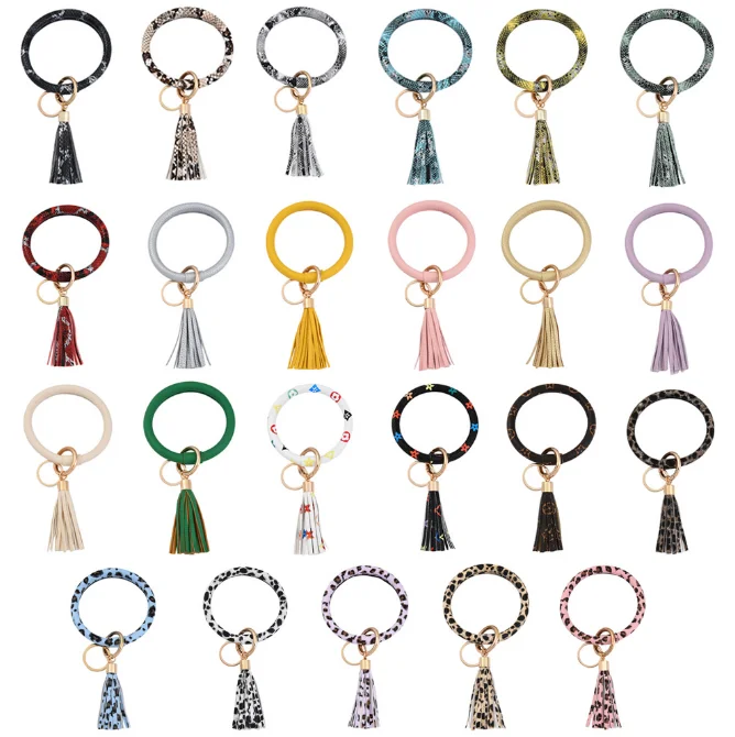 Leather Bracelet Keyring Bangle Keyholder Tassel Ring Circle  Keychain Wristlet for Women Girls Free Your Hands