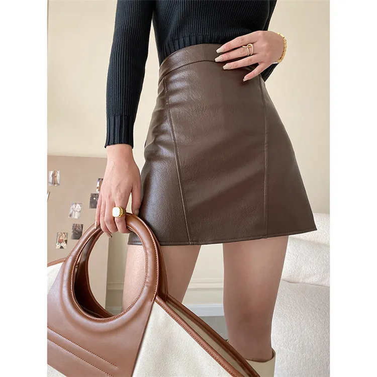 Hot Sale Ladies Sexy Short Skirt Black Brown High Waist Bodycon Stretch Mini Skirt Faux PU Leather Zipper Skirts For Women